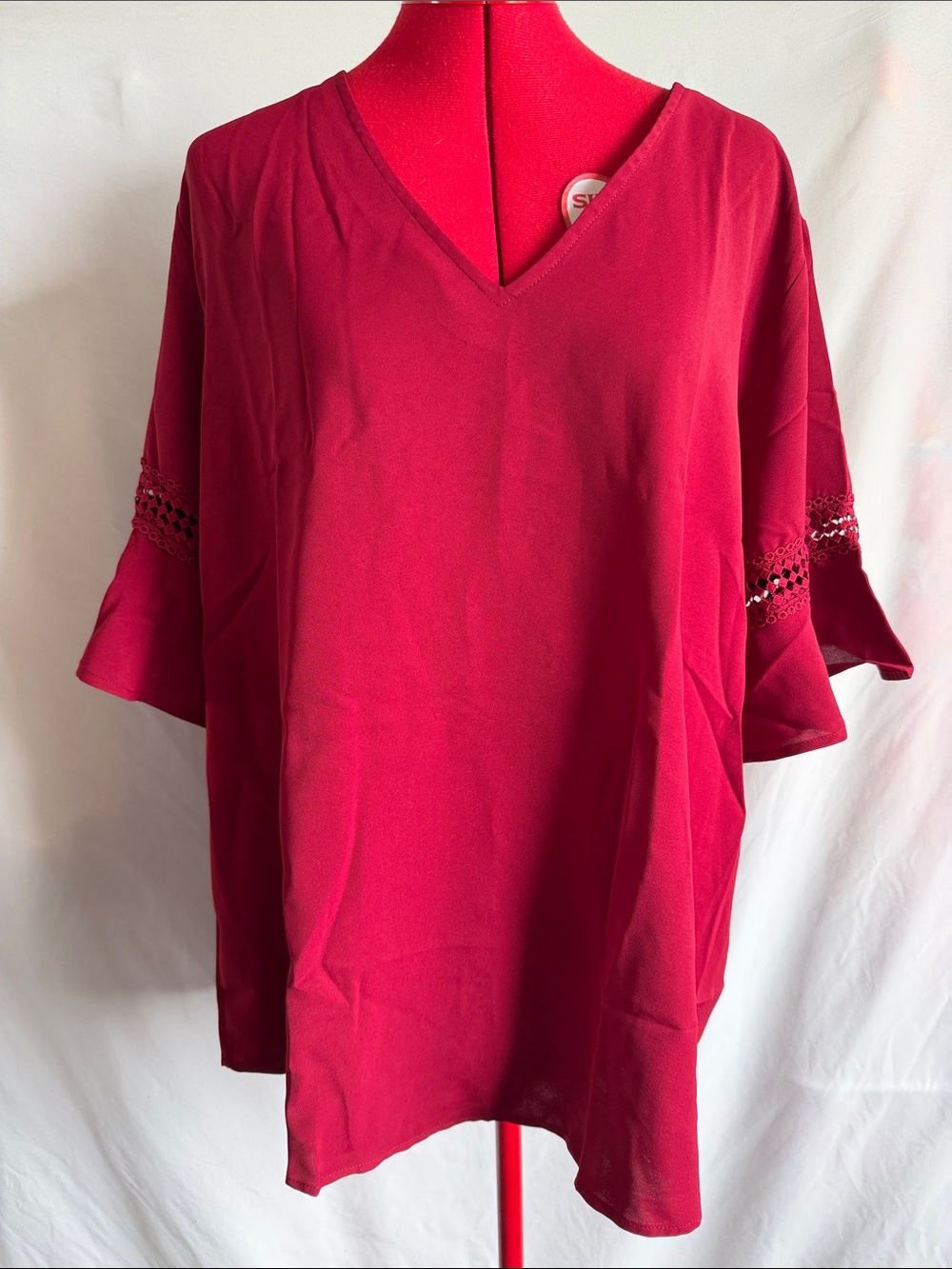 V-Neck Crochet-Sleeve Tunic Top - Deep Berry
